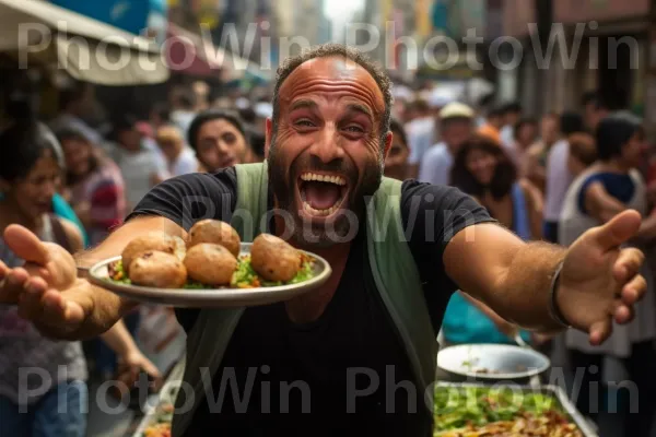 איש שנהנה מצלחת פלאפל, אוכל רחוב ישראלי אייקוני. הַלבָּשָׁה, שְׁרִיר, בן אנוש