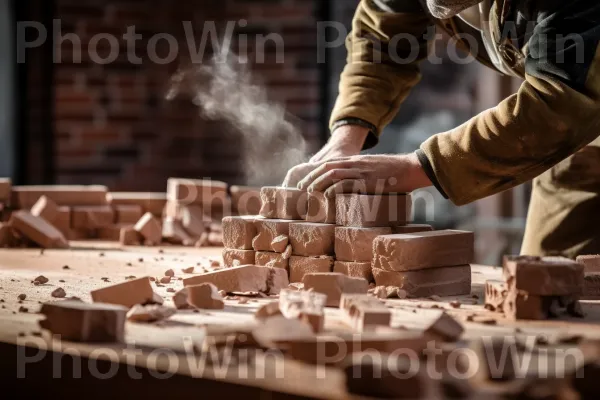 בנאי מיומן הנחת לבנים במיומנות לקיר לבנים יפהפה. עץ, מְכוֹנָה, מַתֶכֶת