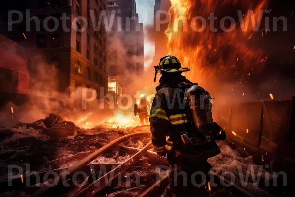 כבאי נחוש נלחם ללא מורא בתופת יוקדת. בִּניָן, מכבי אש, בגדי עבודה