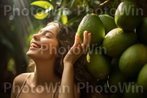 אישה טועמת אבוקדו ישראלי, הידוע במרקם הקרמי שלו. אנשים בטבע, פרי, בּוֹטָנִיקָה