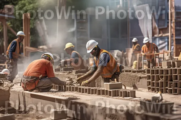 צוות פועלי בניין הנחת לבנים במיומנות לבניין חדש. כובע קשה, אַספַלט, כיסוי ראש