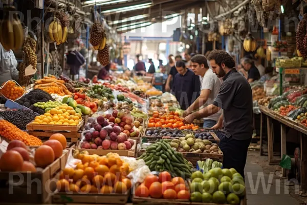 סצנת שוק ישראלית המציגה מגוון של פירות וירקות מקומיים טריים. צמח, מוכר, מזונות טבעיים