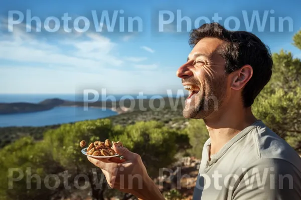 גבר נהנה מחטיף פריך של שקדים מגידול ישראלי. שָׁמַיִם, ענן, טיול