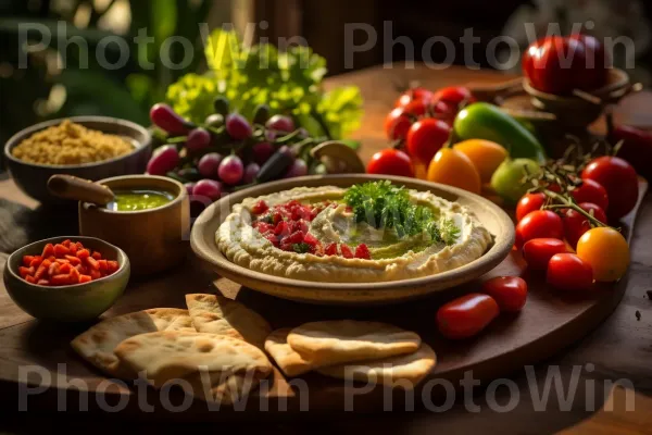 פלטת מזוזה מענגת הכוללת חומוס ישראלי וטחינה. כלי אוכל, מַרכִּיב, מזונות טבעיים