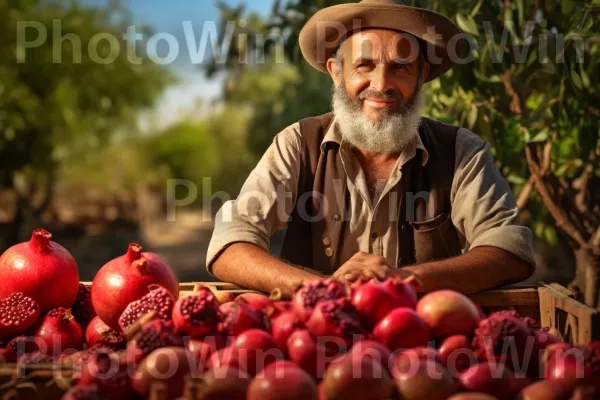 חקלאי מציג בגאווה סלסילת רימונים ישראלים טריים שנקטפו. מזון, צמח, מזונות טבעיים