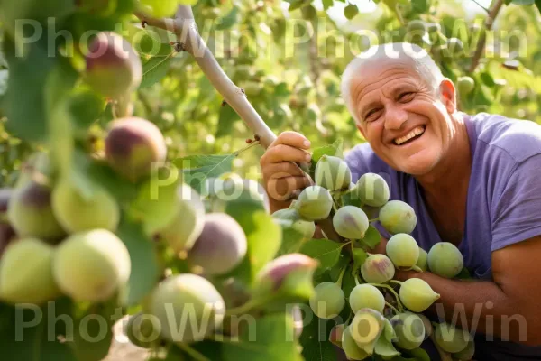 גבר ישראלי מתענג על תאנה בשלה. חיוך, צמח עצי, צמח פורח