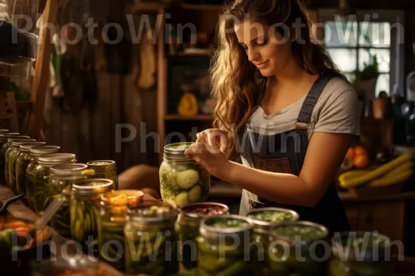 אישה מכינה חמוצים ביתיים בסגנון ישראלי עם מלפפונים טריים. מרחב ציבורי, מִטְבָּח, תמונת מצב