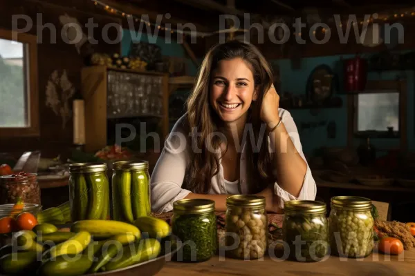 אישה שמתענגת על ביס חריף של חמוצים ישראלים. חיוך, מסגרת תמונה, מַרכִּיב