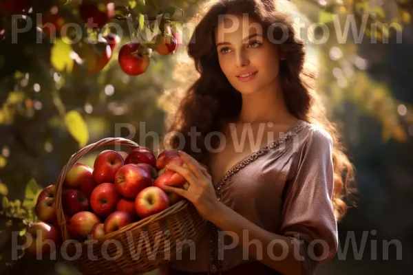 אישה אוחזת בסל גדותיו של תפוחים ישראלים טריים שנקטפו. מזון, מזונות טבעיים, שַׂמֵחַ