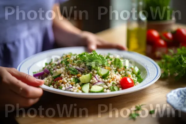 אישה מתפנקת בצלחת של סלט קוסקוס ישראלי מעורר תיאבון. כלי שולחן, טאבולה, מַרכִּיב