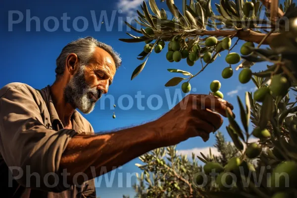 גבר מלקט זיתים בשלים ממטע זיתים ישראלי, המיועד לייצור שמן זית. שָׁמַיִם, מזון, בּוֹטָנִיקָה