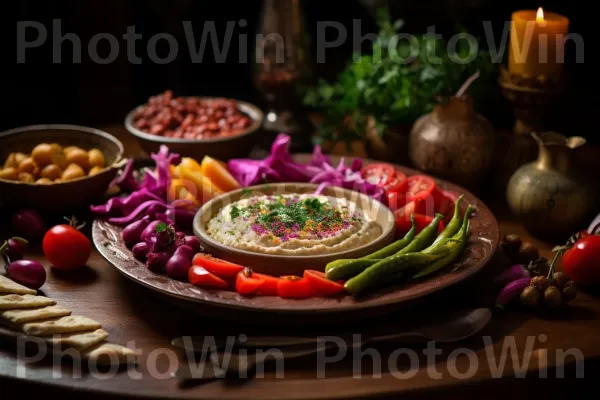 צלחת מזוה ישראלית מסורתית, הכוללת באבא גנוש וירקות כבושים. כלי אוכל, צַלַחַת, תְאוּרָה