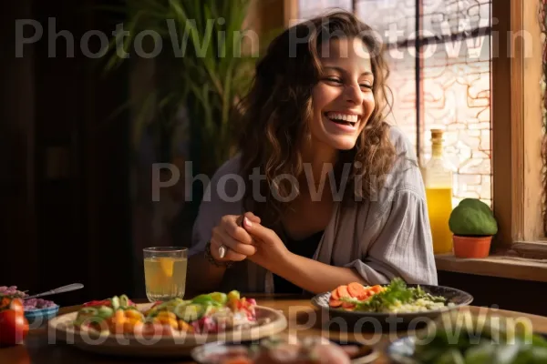 אישה מתענגת על ביס מחומוס ישראלי קרמי עם פיתה טרייה. חיוך, כלי שולחן, צמח