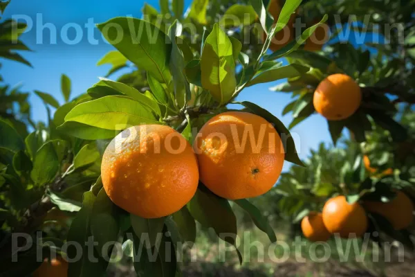 תפוזים טריים שנקטפו ממטע ישראלי שטוף שמש. רנגפור, מַנדָרִינָה, שָׁמַיִם