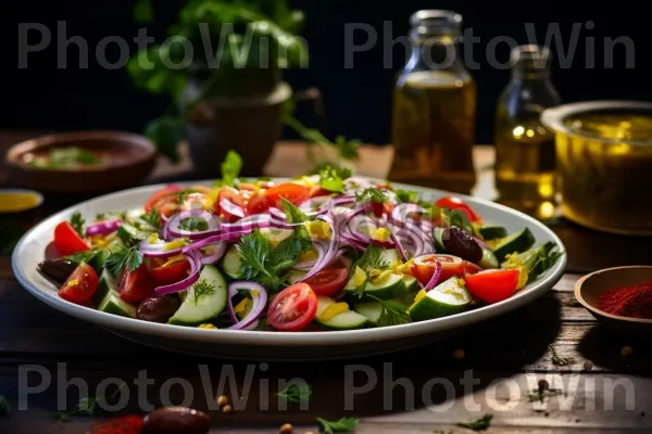 סלט ישראלי מעורר תיאבון, מוזלף בשמן זית ומפוצץ ברעננות. כלי שולחן, צמח ביתי, ירק עלים