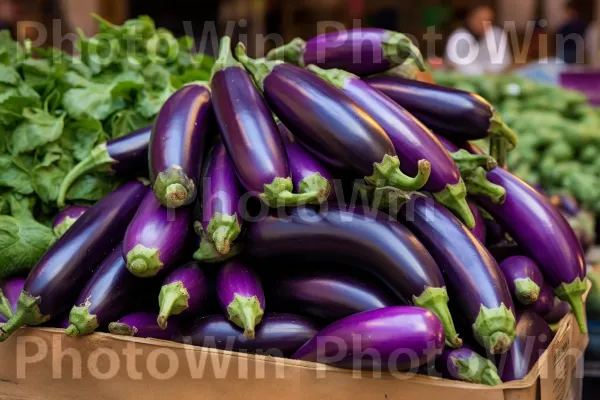 חצילים ישראלים סגולים גבשושיים נערמים יפה בשוק. מזון, סָגוֹל, מזונות טבעיים