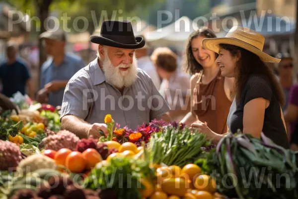 מבחר ססגוני של תוצרת מקומית של שוק החקלאים הישראלי. כובע, מזונות טבעיים, פדורה