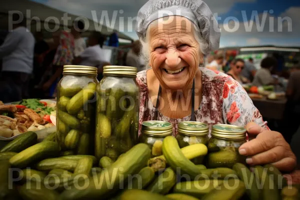 אישה שמתענגת על ביס חריף של חמוצים ישראלים. חיוך, מזון מלא, מַרכִּיב