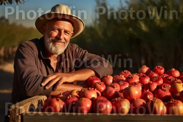 חקלאי מציג בגאווה סלסילת רימונים ישראלים טריים שנקטפו. כובע, מזונות טבעיים, פרי