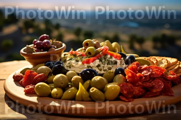 מגש צבעוני של טחינה ישראלית, זיתים וחמוצים לנשנוש מענג. מזון, פרי, מתכון