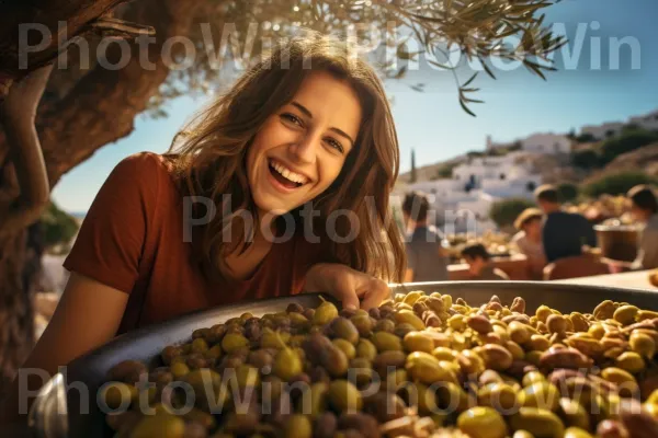 אישה מתפנקת בביס מלוח של זיתים ישראלים. מזון, מזונות טבעיים, אנשים בטבע