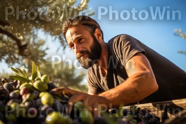 גבר מלקט זיתים בשלים ממטע זיתים ישראלי, המיועד לייצור שמן זית. שָׁמַיִם, זָקָן, אוֹר שֶׁמֶשׁ