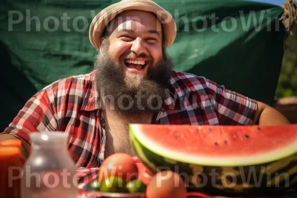 גבר ישראלי שנהנה מביס טעים של אבטיח בשל ביום שמשי. חיוך, ציטרולוס, בן אנוש