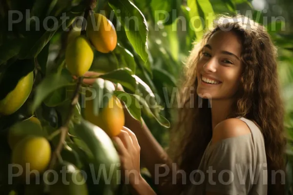 אישה שמתענגת על הטעם המיוחד של מנגו זהוב בגידול ישראלי. חיוך, פרי, פרי הדר