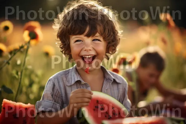 ילד צעיר אוכל בהנאה פרוסת אבטיח בפיקניק. הבעת פנים, בן אנוש, שַׂמֵחַ