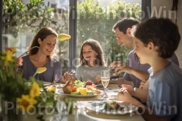 משפחה נהנית מארוחת בוקר ישראלית מסורתית עם שקשוקה ומיץ תפוזים טרי. חיוך, מזון, כלי שולחן