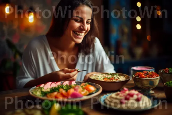 אישה מתענגת על ביס מחומוס ישראלי קרמי עם פיתה טרייה. כלי שולחן, מַרכִּיב, צַלַחַת