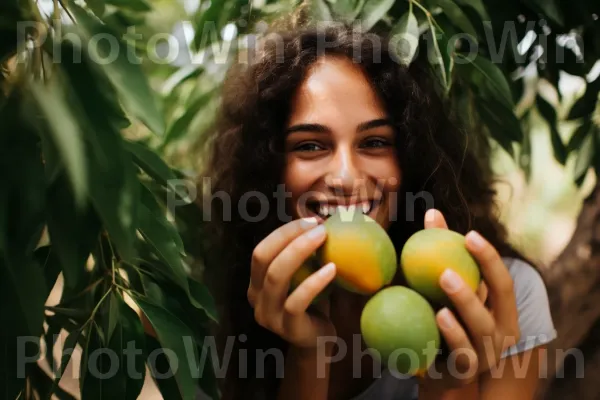 אישה שמתענגת על הטעם המיוחד של מנגו זהוב בגידול ישראלי. חיוך, פרי, מזונות טבעיים