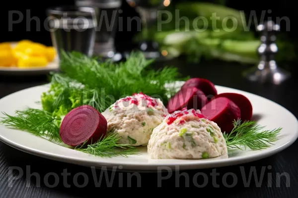 צלחת מגרה של מאכל יהודי מסורתי, גפילטע פיש, מוגש לצד סלט סלק תוסס. כלי שולחן, מתכון, עשבי תיבול משובחים