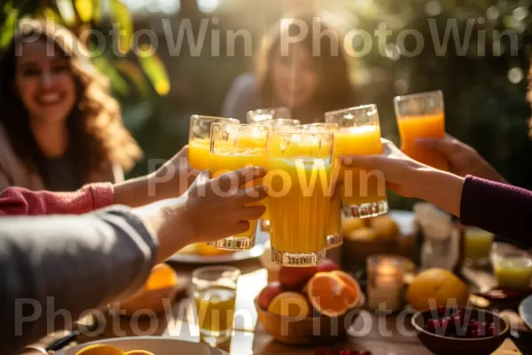 קבוצת חברים חוגגת עם כוסות מיץ תפוזים סחוט טרי. הַלבָּשָׁה, כתום, צהוב