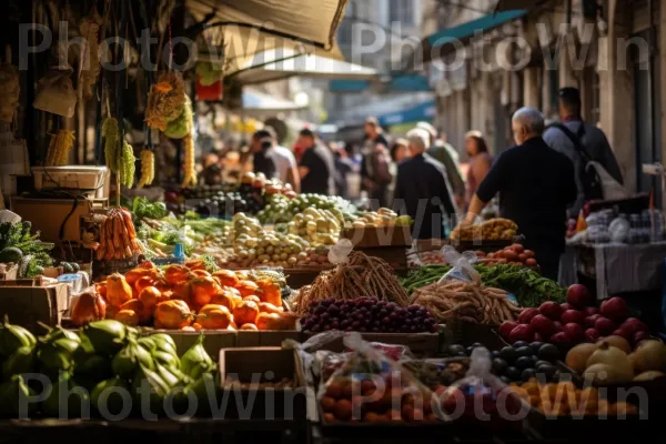 סצנה של שוק אוכל חוצות תוסס בירושלים, שופע מבחר פירות וירקות. מוכר, יַרקָן, שׁוּק