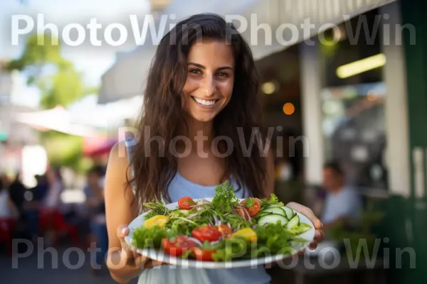 אישה נהנית מסלט ישראלי מרענן עם חסה פריכה, מלפפונים ועגבניות. מזון, מַרכִּיב, ירק עלים