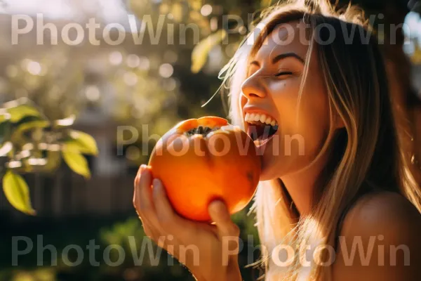 אישה נוגסת בחן באפרסמון בשל ועסיסי. שָׂפָה, מזונות טבעיים, שַׂמֵחַ