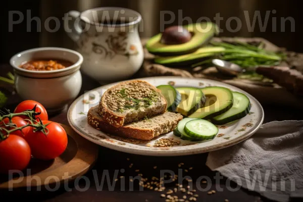 אבוקדו פרוס על לחם מחיטה מלאה לארוחת בוקר ישראלית בריאה. כלי אוכל, שולחן, מַרכִּיב