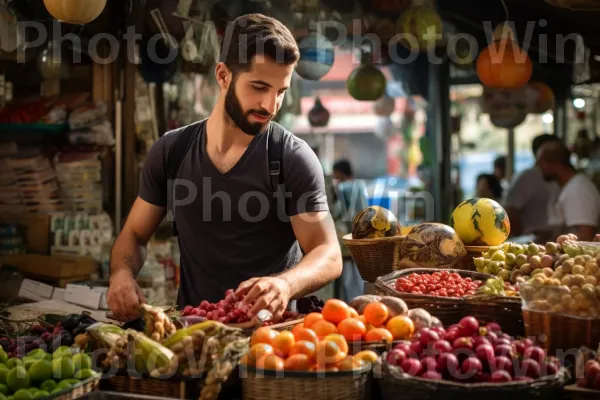 אדם שדוגם תמר, פרי מתוק ישראלי פופולרי, מדוכן שוק מקומי. מזון, מוכר, מזונות טבעיים