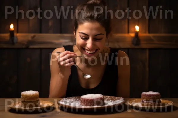 אישה מתפנקת בפינוק מתוק של קינוח חלבה ישראלי. מזון, חיוך, קישוט עוגה