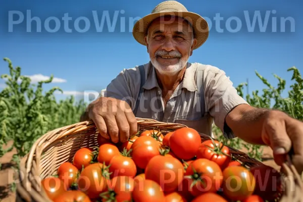 חקלאי גאה בודק את הסל שלו המלא בעגבניות תוססות ובשלות שגדלו בישראל. מזון, חיוך, כובע