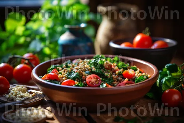 קערת דגנים מזינה עם ירקות תוססים, עמוסה בטעמים. מַרכִּיב, מזונות טבעיים, עגבנייה שזיף