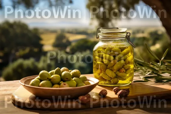 זיתים ישראלים טריים שנאספו טריים שנכבשו לשמן זית בעל טעם. כלי שולחן, מזונות טבעיים, צנצנת מייסון