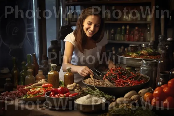 תמונת מצב מזמינה של אישה מתמכרת ליצירות קולינריות ישראליות. מִטְבָּח, מזונות טבעיים, בישול