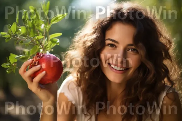 אישה נהנית מרימון עסיסי, פרי ישראלי פופולרי. צמח, פרי, עלה