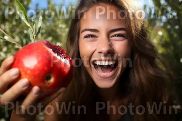 אישה נוגסת ברימון עסיסי, פרי עשיר בחומרים תזונתיים הנפוץ בישראל. שָׂפָה, עור, הבעת פנים