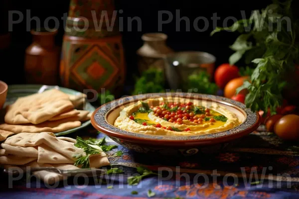 המנה הלאומית של ישראל - חומוס טעים מוגש עם פיתות חמימות. כלי אוכל, מַרכִּיב, מתכון