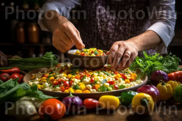 שף מכין מנה ישראלית מסורתית של קוסקוס עם מגוון ירקות. מַרכִּיב, צמח, מזון מלא