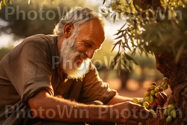 איש קוטף זיתים ישראלים בשלים ממטע עתיק. חיוך, צהוב, שַׂמֵחַ