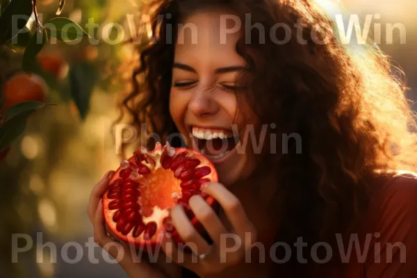 אישה נוגסת ברימון עסיסי, פרי עשיר בחומרים תזונתיים הנפוץ בישראל. אף, פֶּרַח, שַׂמֵחַ